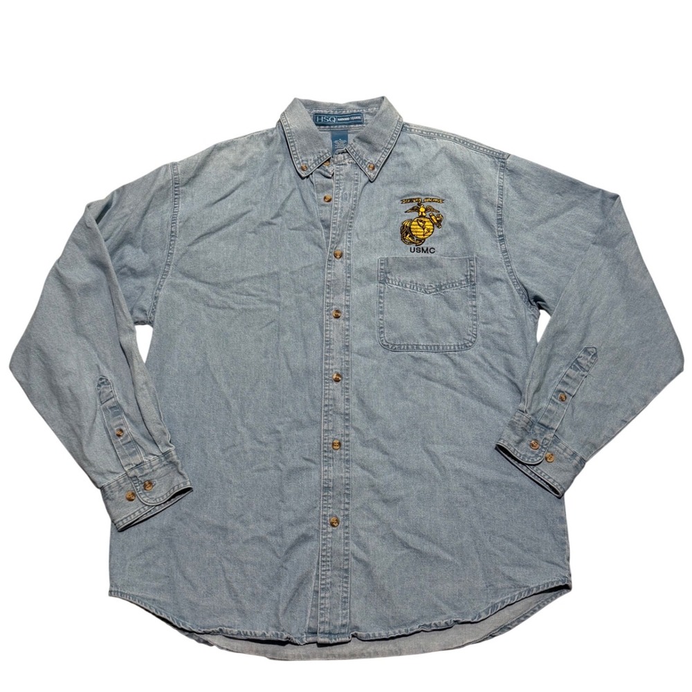 Vintage 1990s HSQ Harvard Square USMC Chambray‎ Denim Button Down Shirt Mens M